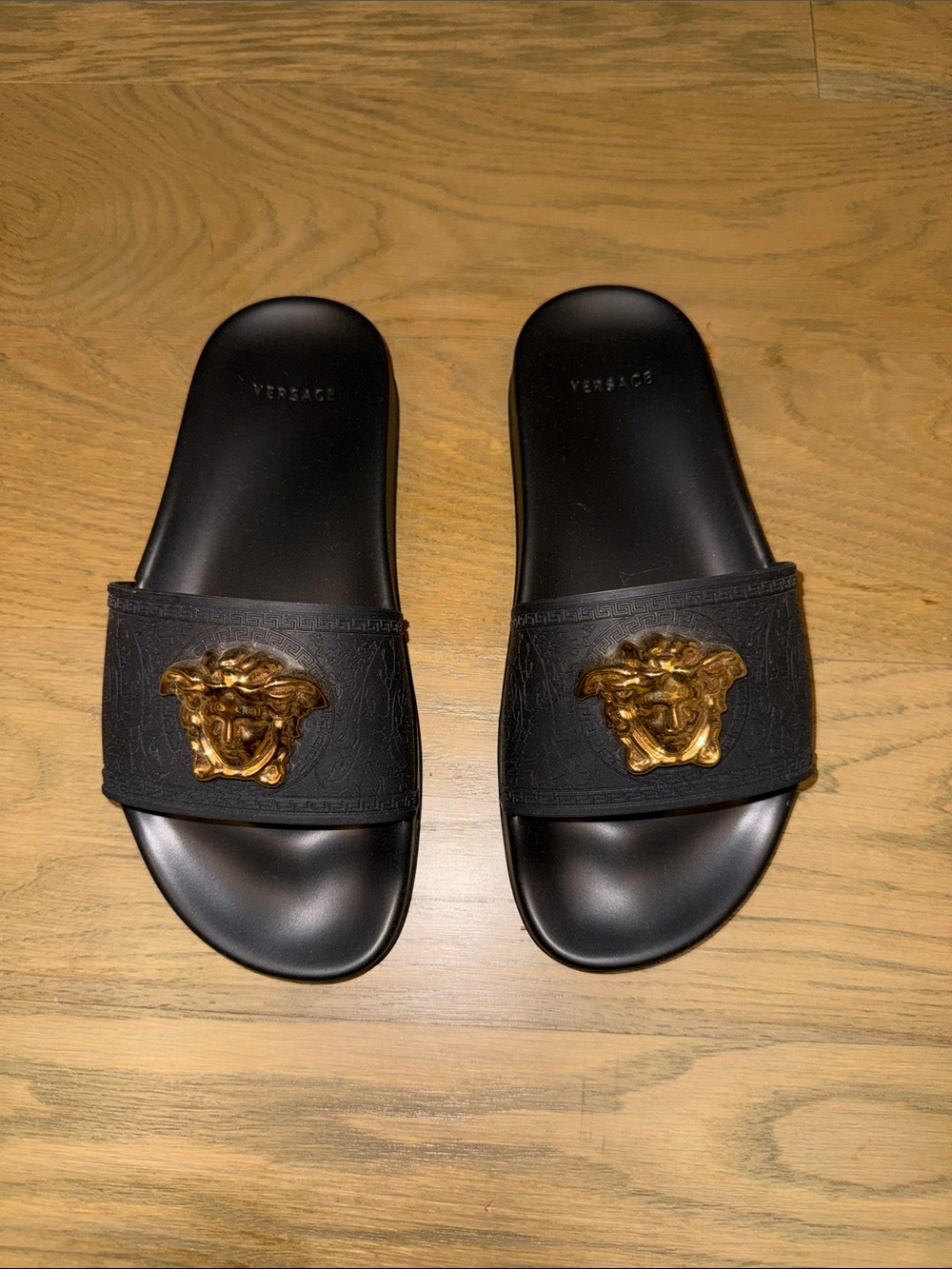 Versace Black Slide Sandals with Gold Medusa Crest